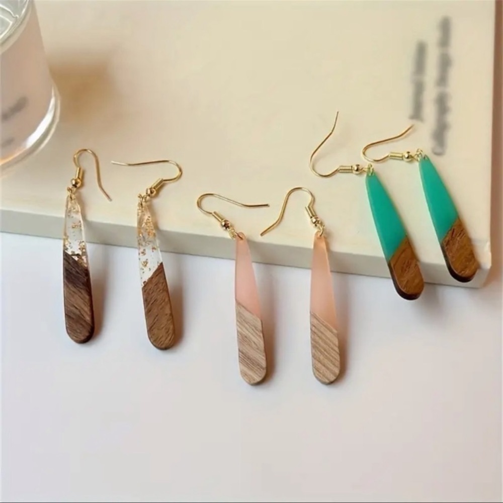 Wood turquoise resin two tone tear drop dangle earrings boho spring summer fall - Picture 5 of 5